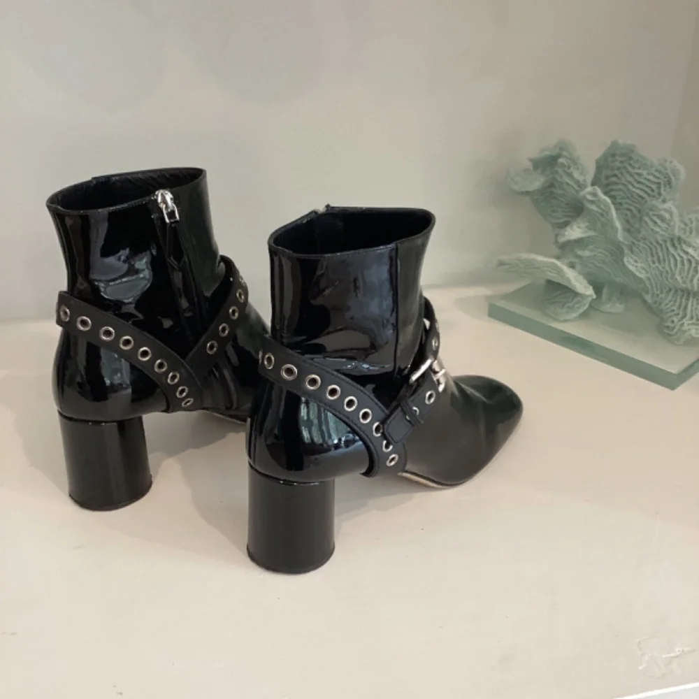 MIU MIU Eyelet Embellished Patent Leather Ankle Boots Black Size 37.5 7